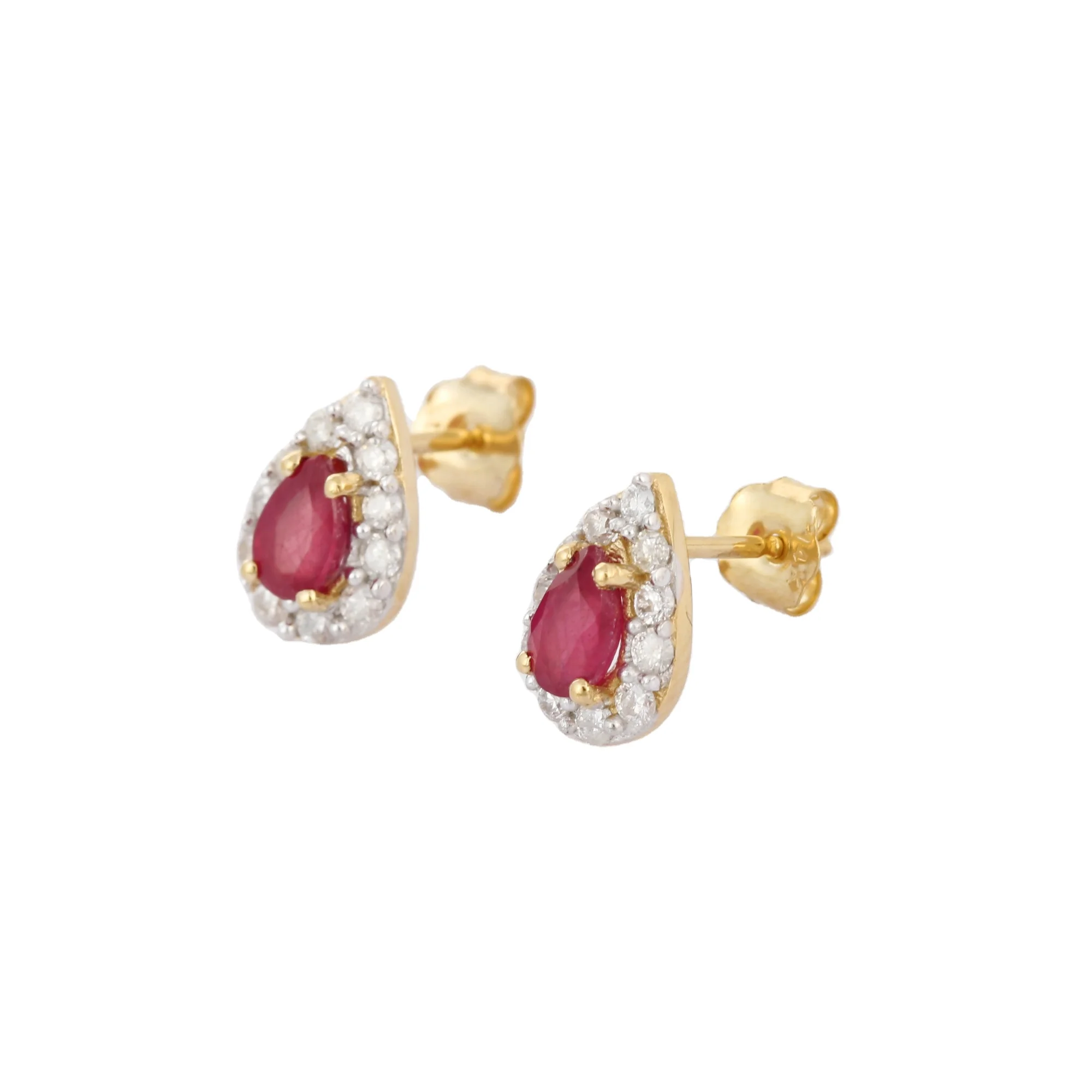 Fine Jewelry Natural Precious Gemstone Ruby With Diamond Earring Studs 14K Solid Yellow Gold Handmade Cluster Earring For Women