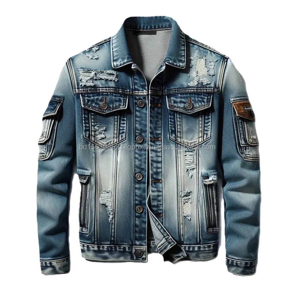 Custom Designed Distressed Denim Jacket with High Denier Fabric Washed Ripped Patterns Trending Styles Winter Pockets Collar