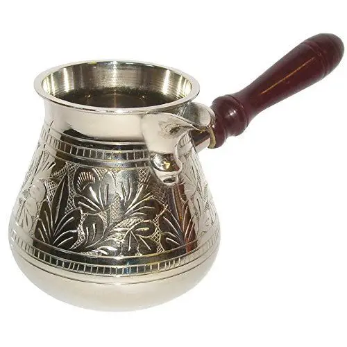 Brass Turkish Coffee Pot with Lid Enameled Embossed Handicraft Design