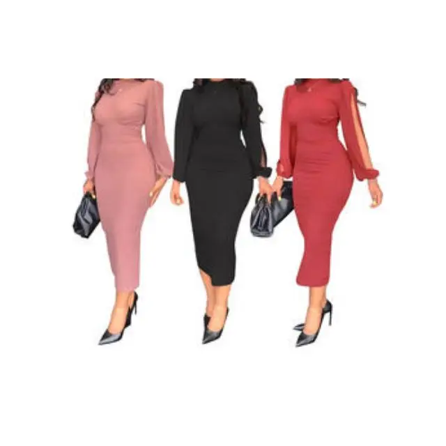 Hot Sales Puff Sleeve Bodycon Midi Dress Solid Color cotton Elegant Office Career Dresses  Women Formal Work Dresses