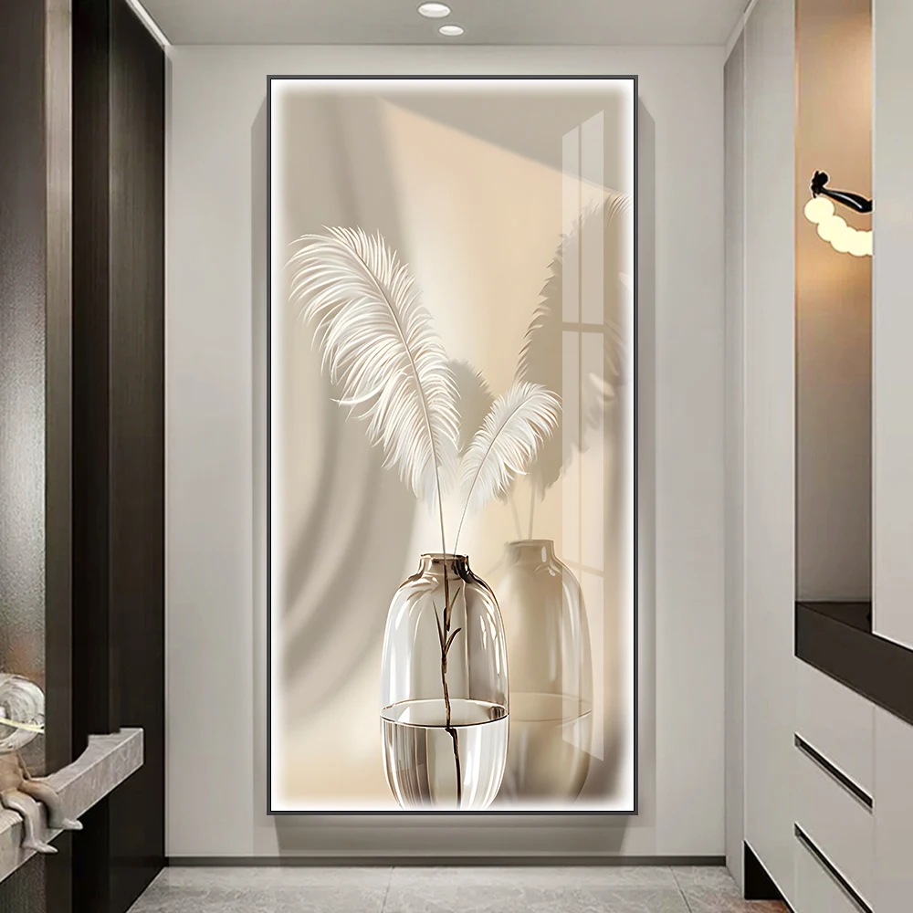 Luxury Home decor HD Canvas painting White feather crystal porcelain wall art with LED lights hanging paintings