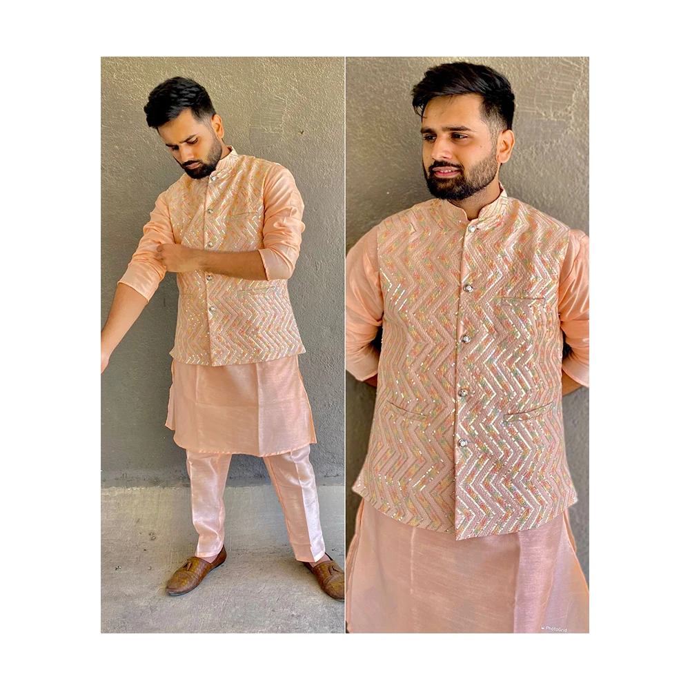 Indian Traditional Party Wear Heavy Banglori Silk with inner in kurta With Pajama & koti Jacket For Mens Wholesale Rate