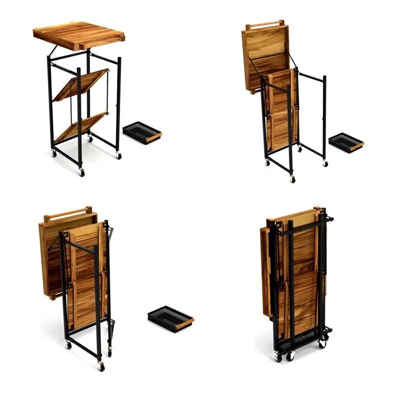 Walnut Multi-Function Kitchen cart with Solid Acacia Top & Shelves And Double Handle Bar