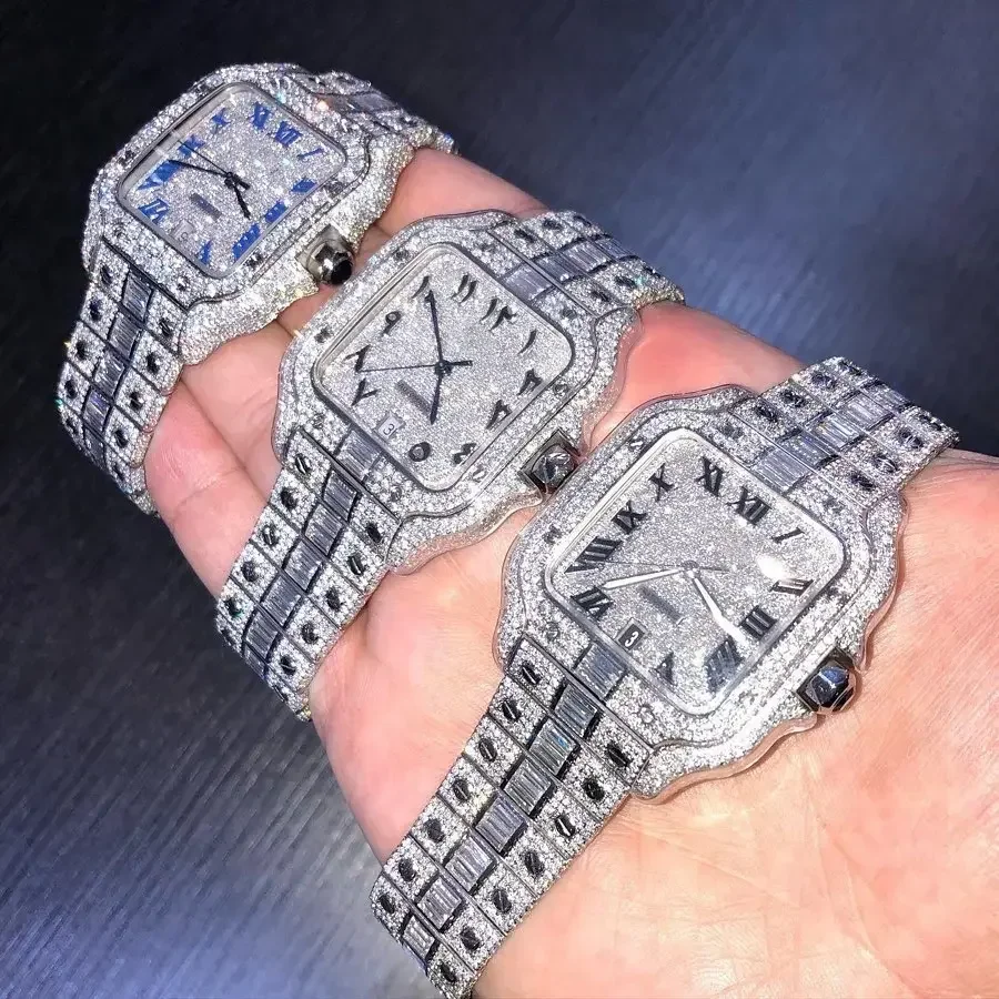 Luxurious moissanite diamonds fully iced out chronograph hip hop watch for men featuring with stainless steel and vvs clarity