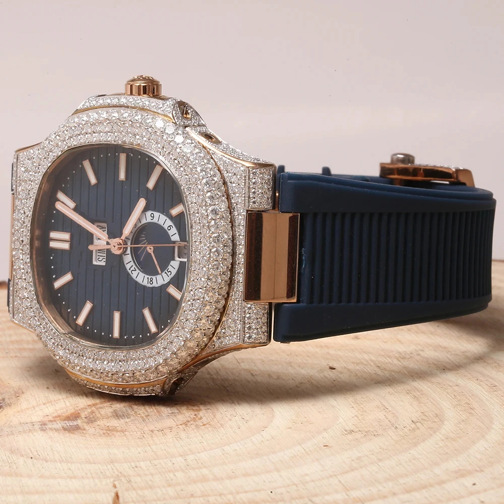 GRA Certified Diamond Watch Hip Hop Luxury Customized Yellow Gold Black Iced Out VVS Moissanite diamond Mechanical Watch