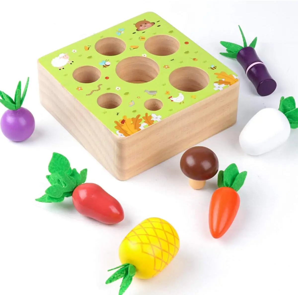 Wooden Farm Harvest Game Montessori Toy Educational Learning Toy Shape Sorting Vegetable & Fruits Toy