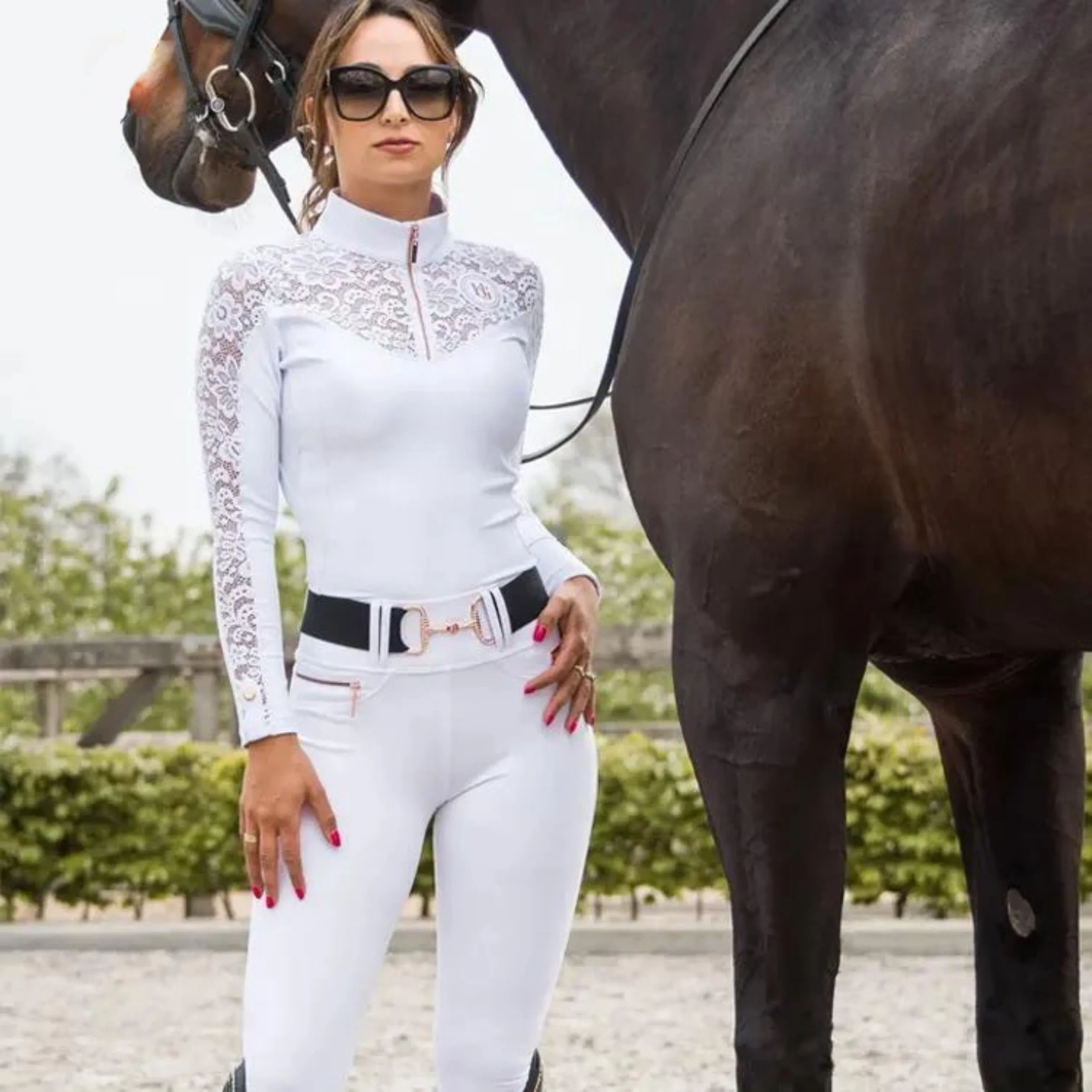New Horse Riding Shirt Tops Short Sleeves Equestrian Clothing White Rose Gold Lace Competition Shirt