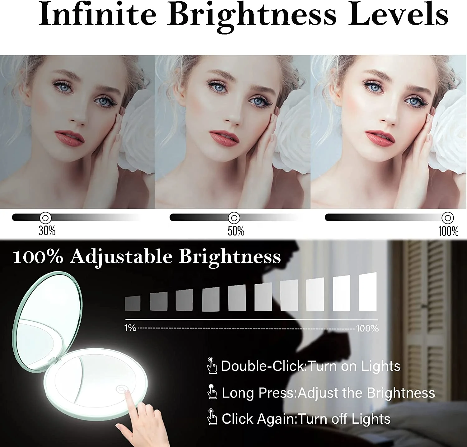 Beauty Outdoor Mini Small Personal Bag Led Makeup Pocket Compact Cosmetic Mirror Folding Hands Portable Travel Silver OEM Box