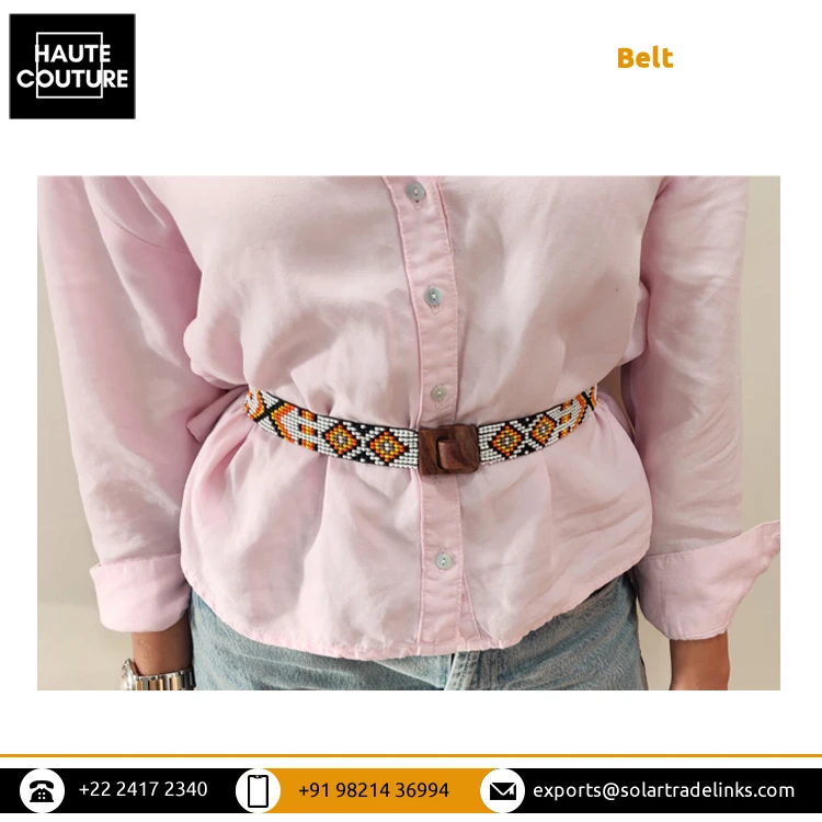 Latest New Design Handmade Beaded Belts for Women Ladies Casual Wear Elasticated Hand Embroidered Belt with Wooden Buckle