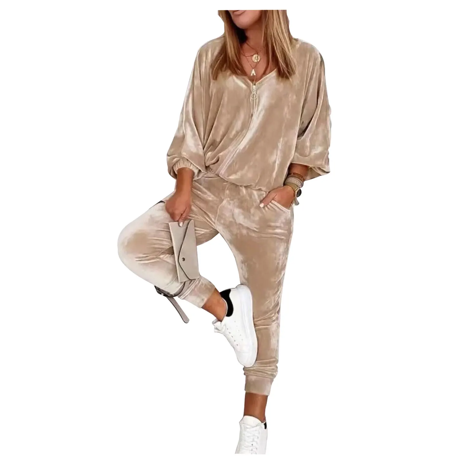 Buy Spring Lounge Wear Custom Logo Velour Two Piece Tracksuit Zip Up Sweat Suit Pants Set Velvet Women Sets