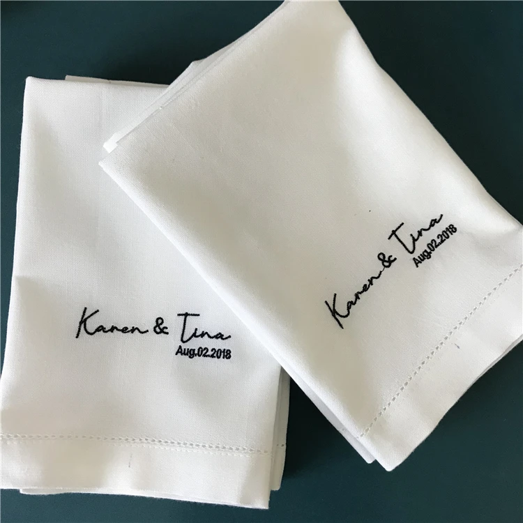 white cloth linen napkins embroidered Wholesale 100% Polyester table custom logo Wedding Restaurant Party  hemstitched napkin