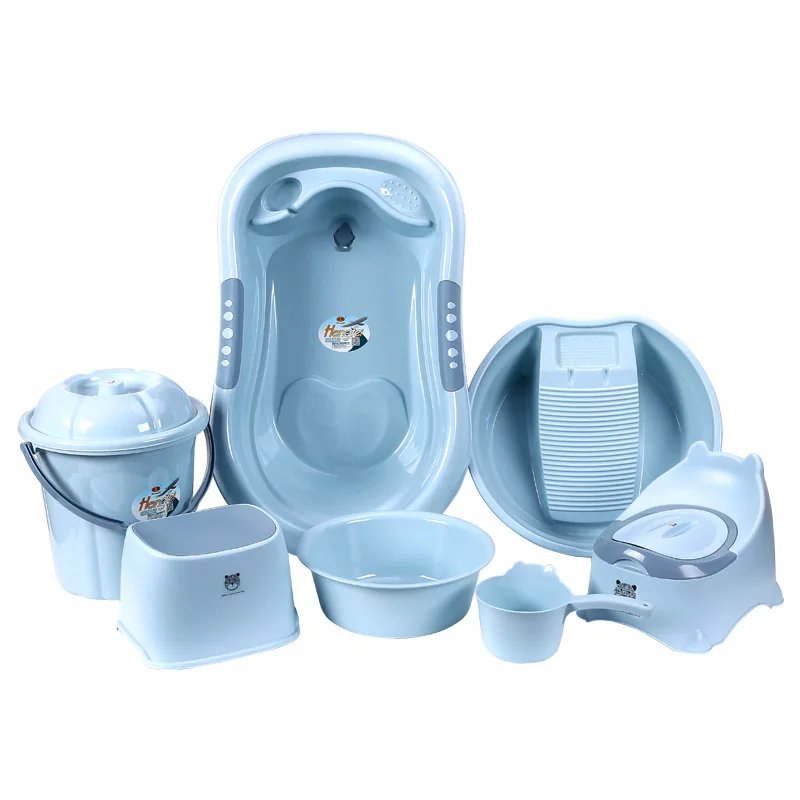 Factory OEM/ODM Plastic Baby Bath Tub Set Have Basin Water Bucket Scoop Chair Potty Laundry Basket Rack