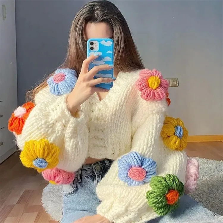 72788# 2022 three-dimensional crochet flower sweater cardigan short v neck lantern sleeve sweater coat thick loose cardigan