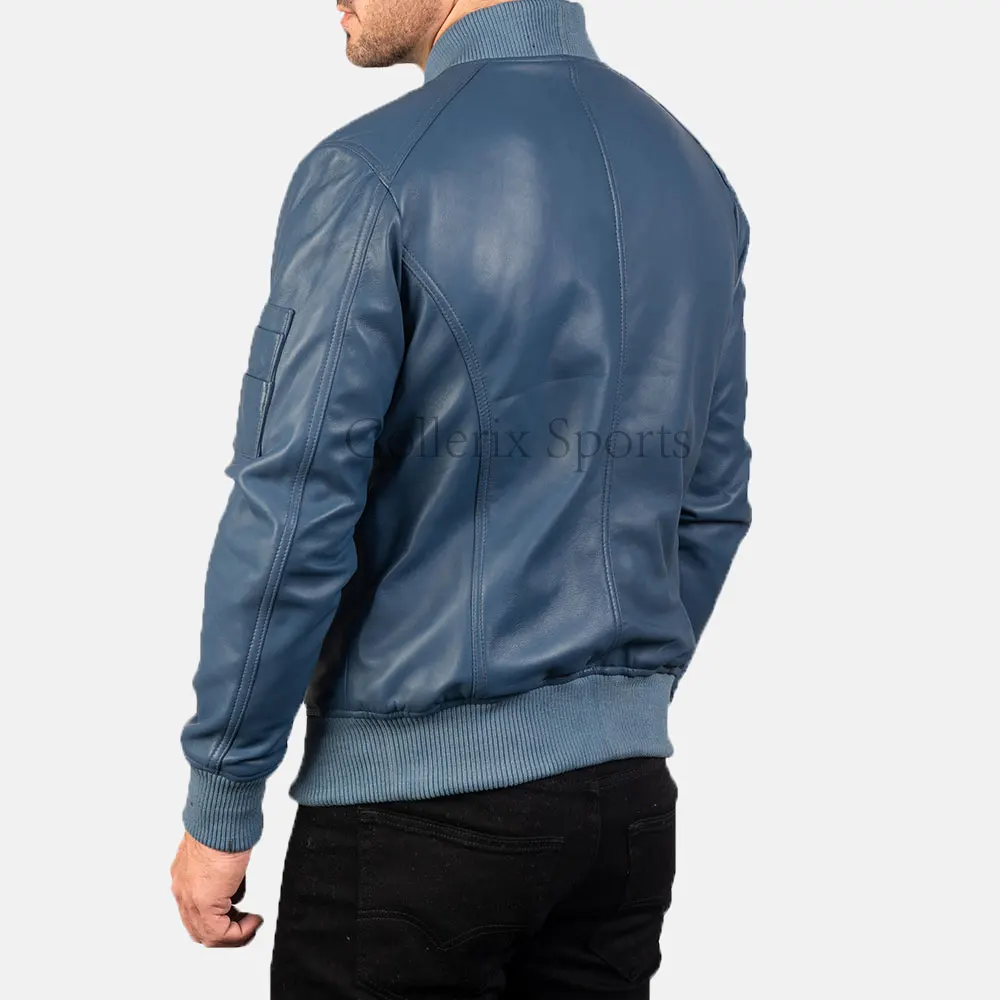 Best Wholesale Price Custom Blue Leather Jacket High Casual Winter Style Zipper Closure Stand Collar Small Pocket Left Arm Solid
