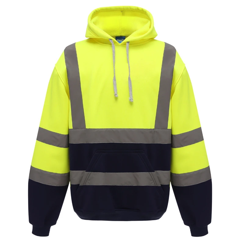 Men Safety Reflector Hoody Jacket Pockets Orange Black Lime Zipper Construction Workers Sweatshirts Reflective Hoodies