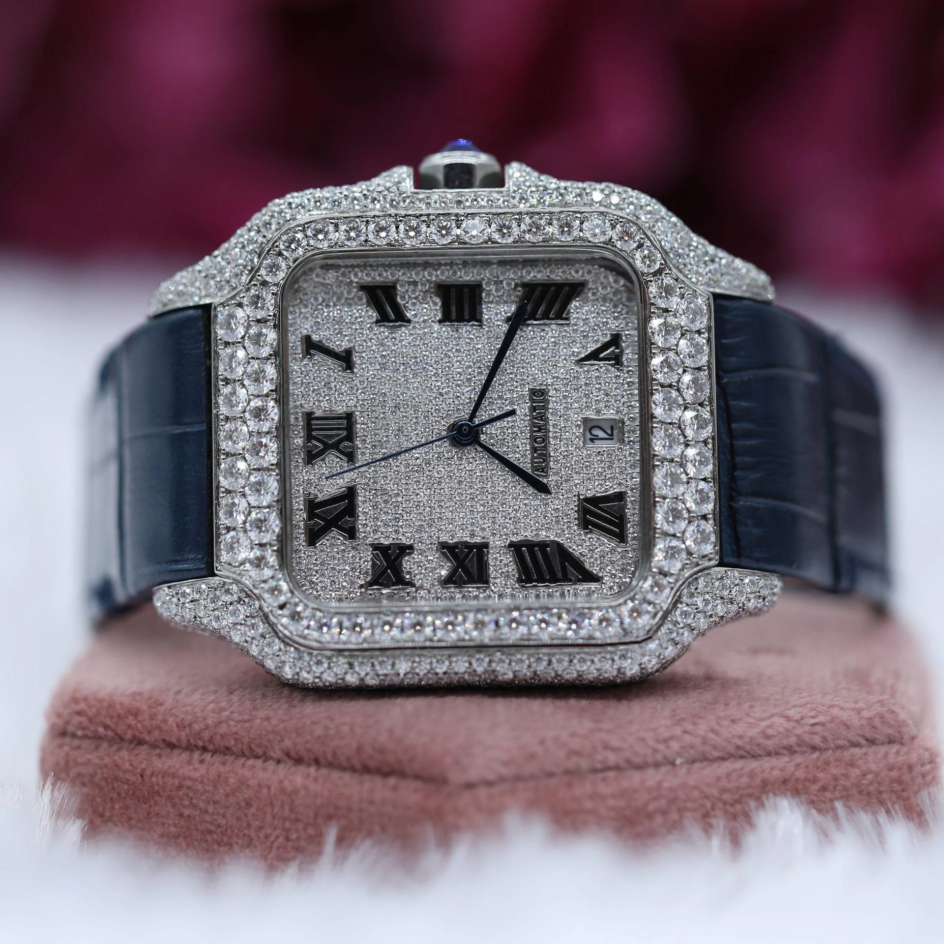 Half Iced Out Blue Band VVS Diamond Mechanical Wrist Watch/ Featuring Calender Top Quality For Hip Hop Lover Diamond Watch