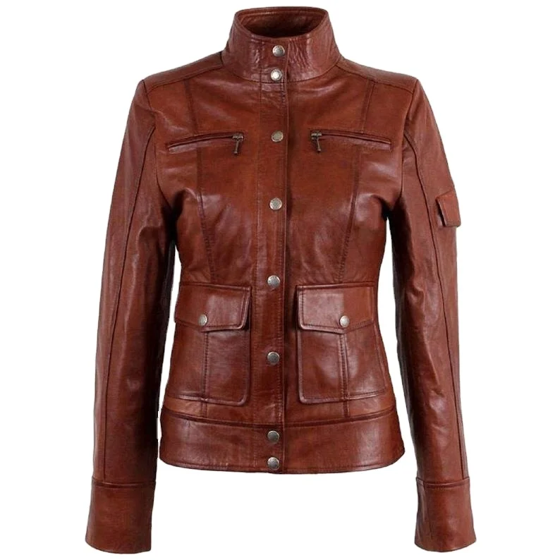 Brown Lambskin Leather jacket Gothic style Genuine Leather Jacket Women 2024 Fashion Real Sheepskin Coat Rivet gothic jackets