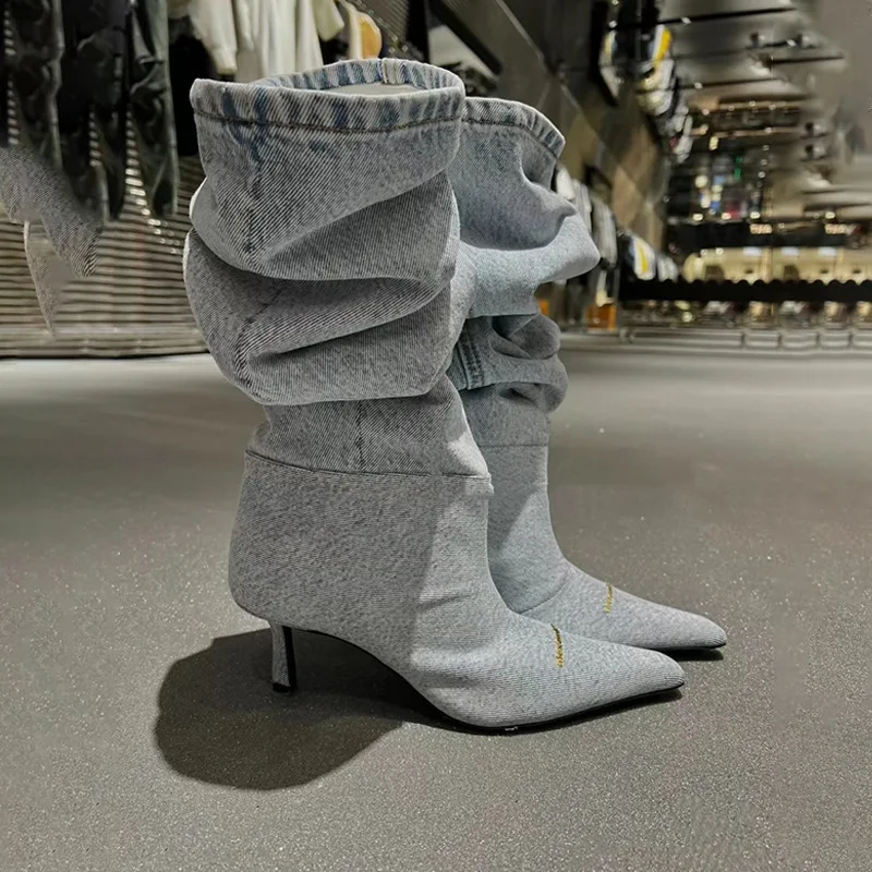 Bulk Wholesale Western Thigh High Boots Women Pointed Toe Pencil Heel Oxford Cloth Western Boots Cowboy Boots For Women Shoes