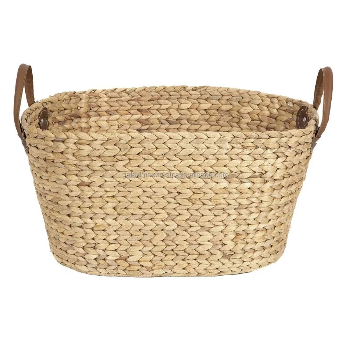 Round Twisted Water hyacinth laundry basket with leather handles unique handwoven storage basket with handles cheap price