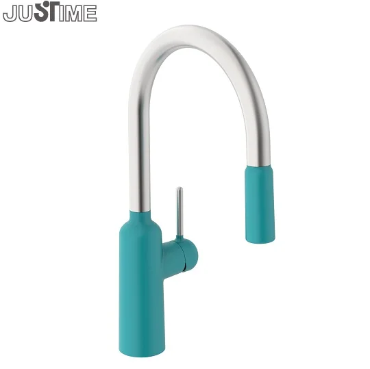 JUSTIME Single Side-Handle Mixer Kitchen Sink Tap With Pull Down Sprayer Brass Chrome Plating