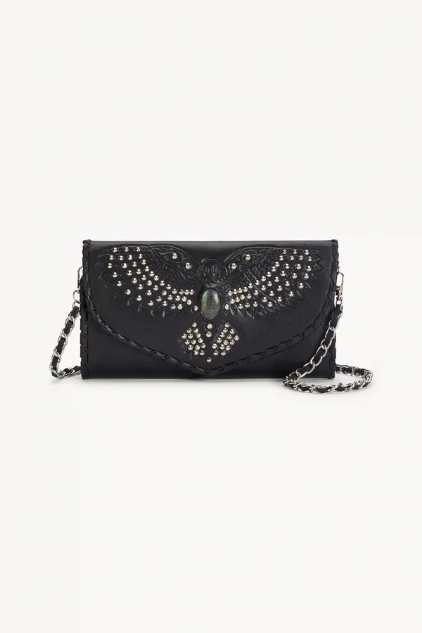 Hand-Painted Black Cow Leather Lady Style Genuine Leather Lining Silver Studded Owl Labradorite Stone Encircled Fur Decoration