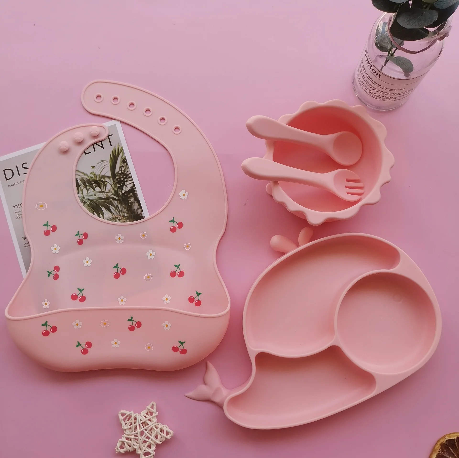 Silicone baby feeding sets Divided Suction dinner plate sets on chair Supplementary food plate sets bowl bibs spoon water cup