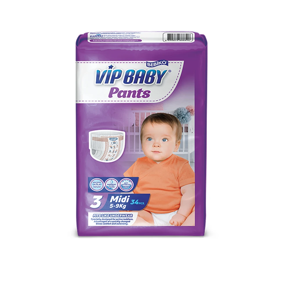 Cotton 5 To 9 kg 34 PCS VIP Baby Pants Diaper Super Absorbing Midi Baby Diaper at Lowest Price