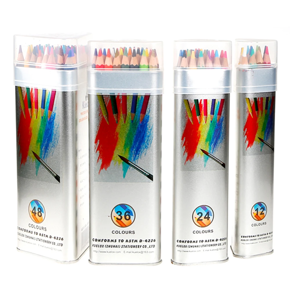Kuelox 8812 12/24/36/48 colors water soluble colored pencils with triangle metal tube for coloring school art supplies