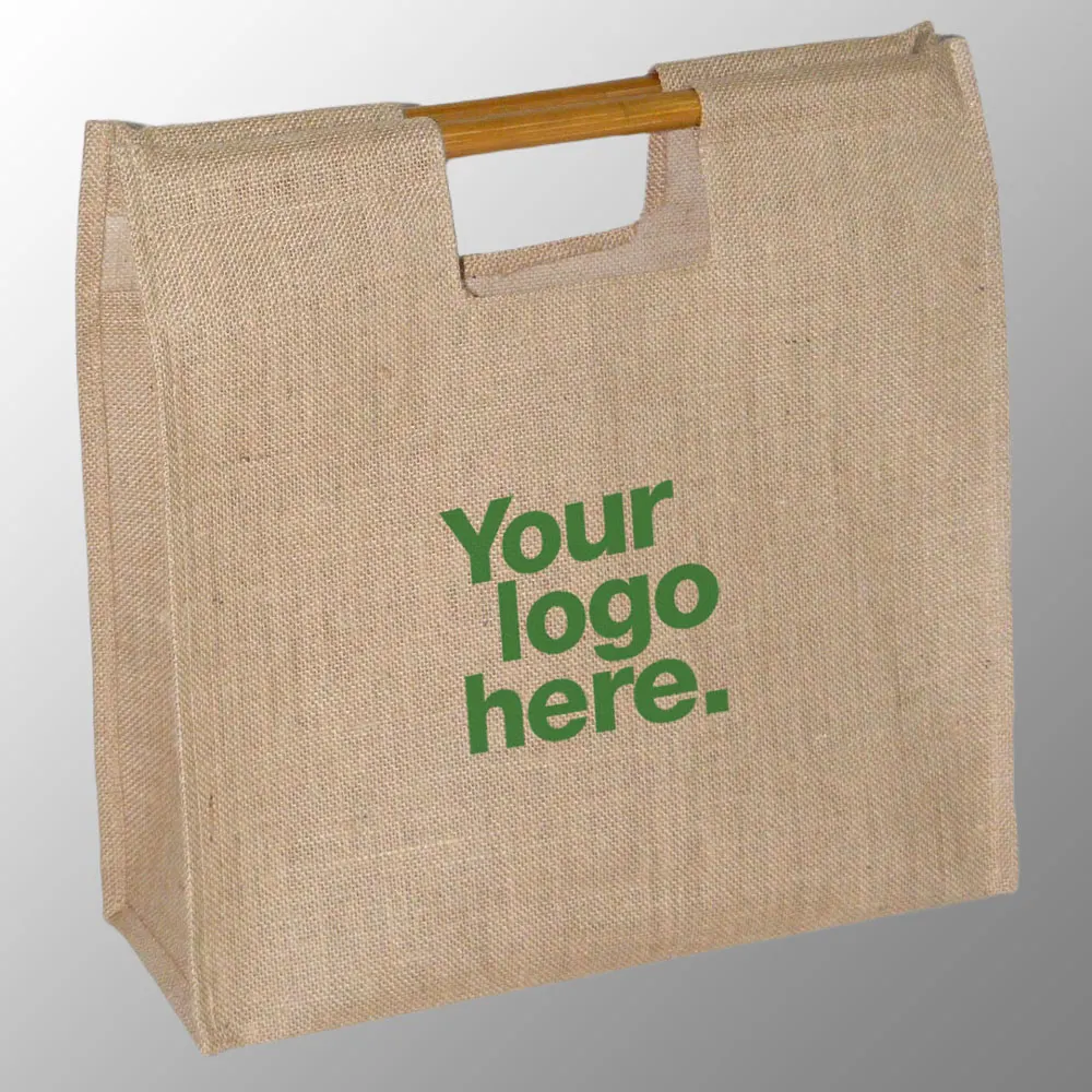 Jute Shopping Bag with Bamboo Handle Custom Printed with your logo Jute Burlap Shopping Carry Bag