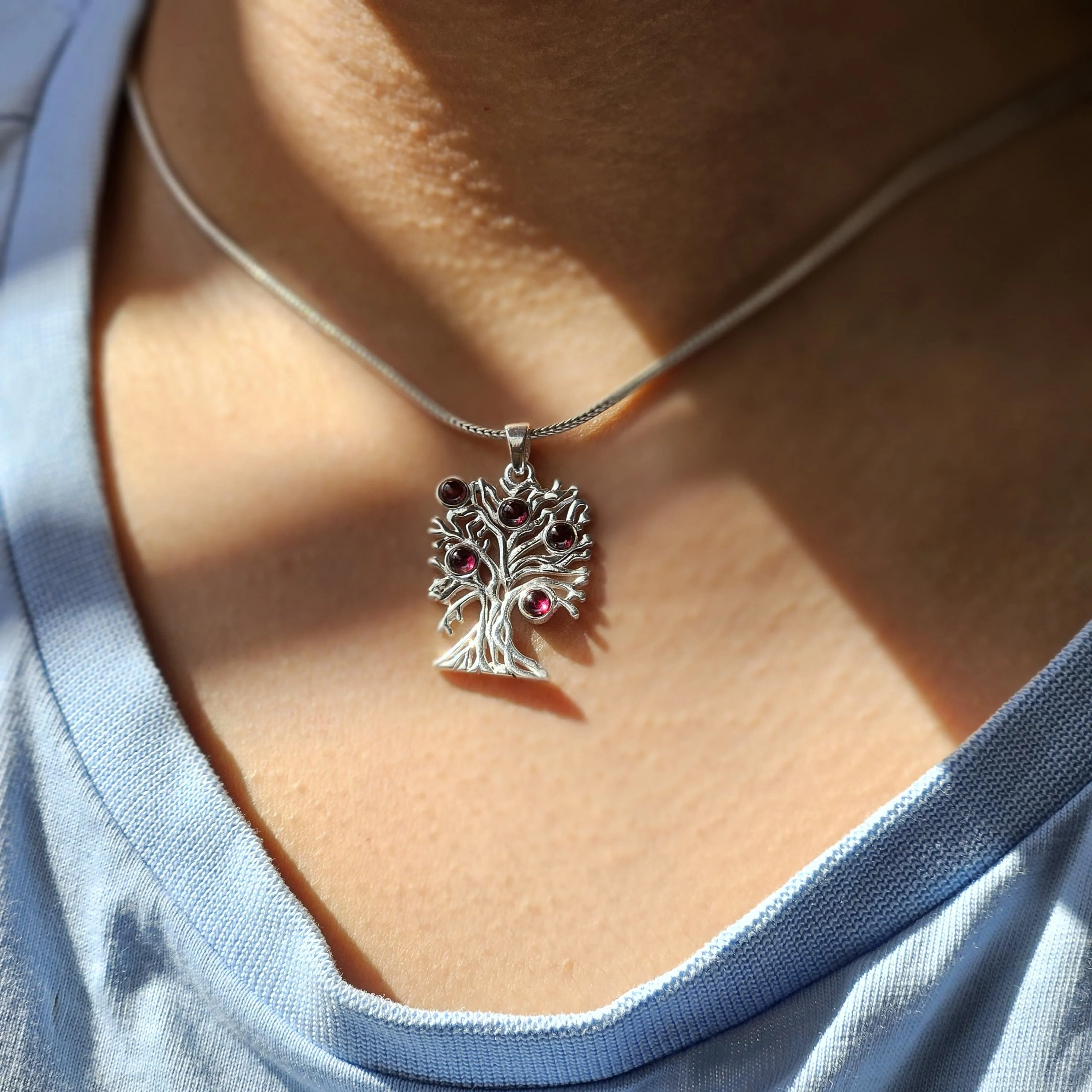 tree pendant with garnet gemstone pendant five gemstone silver tree pendant