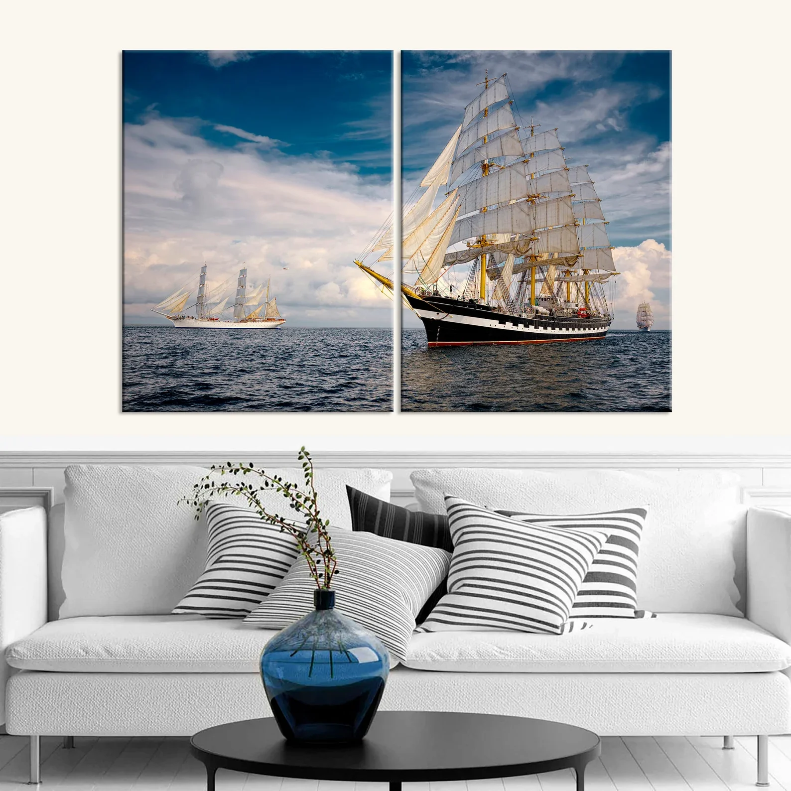 100% Real Hand Painted Abstract Sailboat Canvas Wall Art, Nautical Seascape Oil Painting on Canvas for Bedroom, Living Room