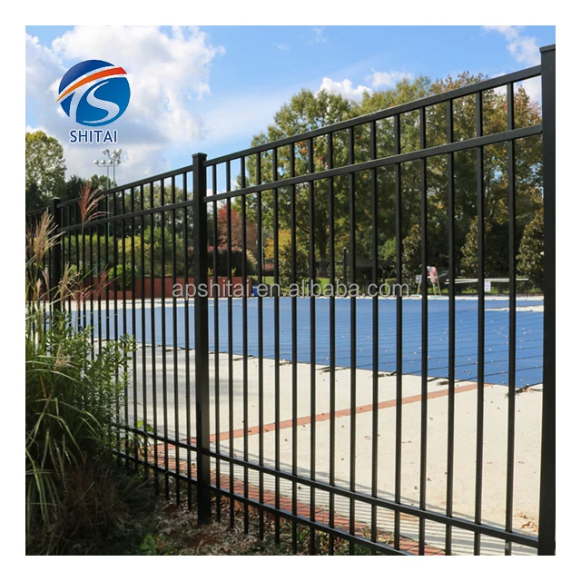 Beautiful welded steel flat top fence black powder coated safety fence anti-rust easily assembled steel fence for swimming pool