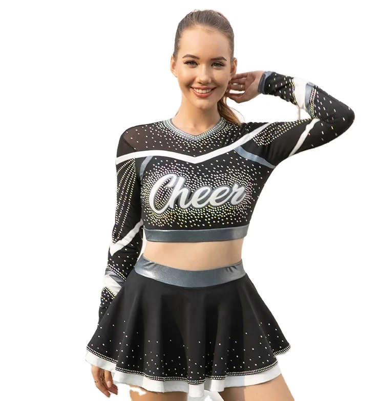 Wholesale Custom Design Cheer Dance Costumes Long Sleeves Cheerleading Uniforms Black