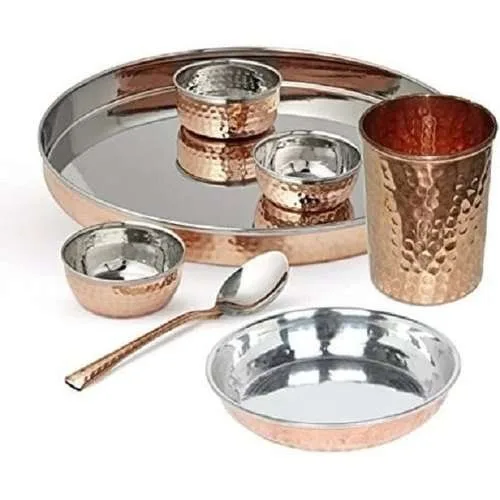 Hammered Round Pure Copper Thali Set Dinner Set Indian Stainless Steel Copper Traditional Dinner Set of 1 Thali Plate 5 Bowls