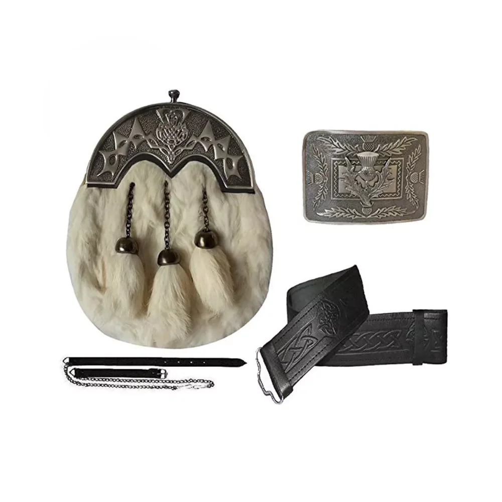 Scottish Full Dress Kilt Sporran Rabbit Fur Cantle Set Of 5 Buckle,Brooch top Hot sale