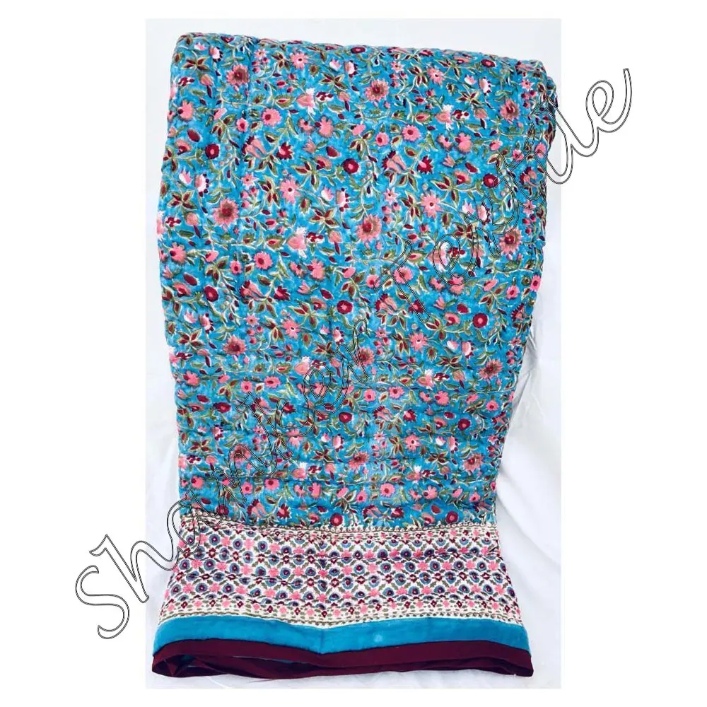 Jaipuri Indian Cotton Floral Print Queen Size Bedspread Rajai Ethnic Handmade Blanket Comfort Gudri Decor