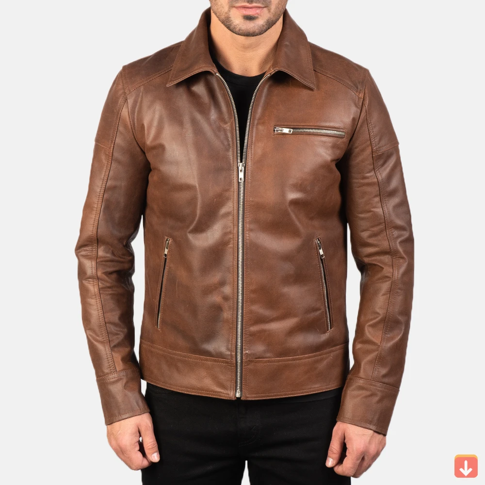 Real Leather Sheepskin Aniline Zipper Lavendard Brown Men Biker Jacket with Quilted Viscose Lining and Inside Outside Pockets