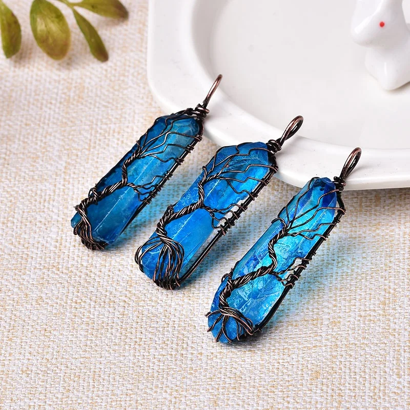 Natural Crystal Stone Pendant Tree Of Life Blue Mineral Fashion Simple Gemstone Jewelry For Men Women Handmade Amulet Necklace Necklace