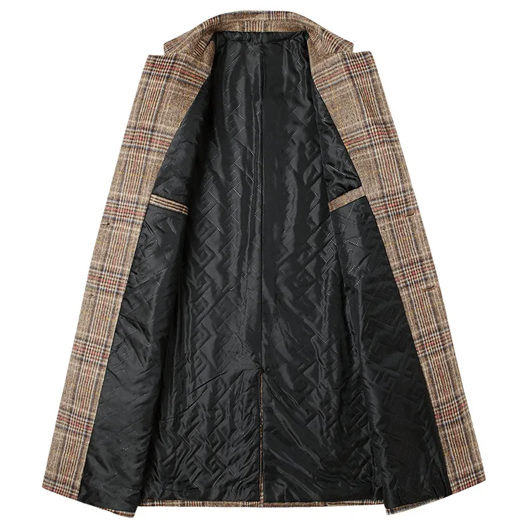 2022 Classic Single Breasted Plaid Trench Jacket Coat Mens Slim Fit Long Coat Winter Wool Coats for Men
