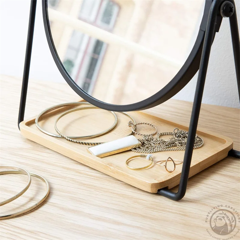 Vanity Mirror with Tray - Double-Sided Table Top Makeup Mirror with Magnification and Bamboo Base - for Bathroom, Bedroom, Desk