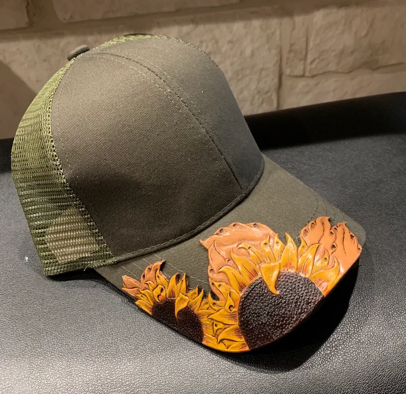 High Quality Handtooled Designer Leather Cap Sunflower New Style Best Birthday Anniversary Gift Ideas for Unisex Baseball Sports