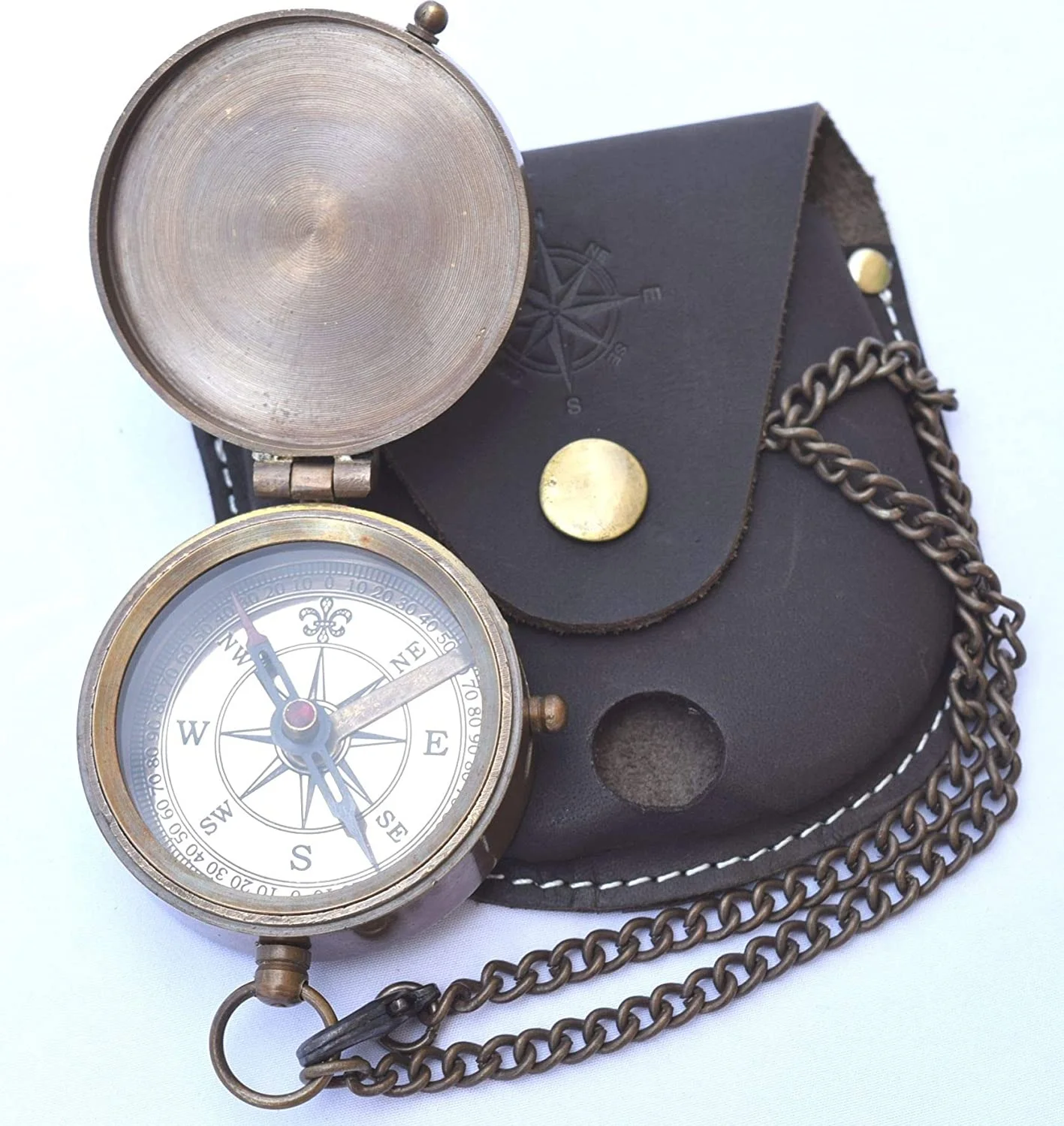 Hot Seller Antique Brass Sundial Compass with Leather Case and Chain - Push Open Compass