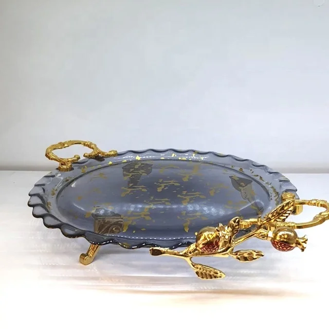 Wholesale vintage metal glass vanity storage tray with striped handle tray makeup skin care perfume tray for arabic from turkey