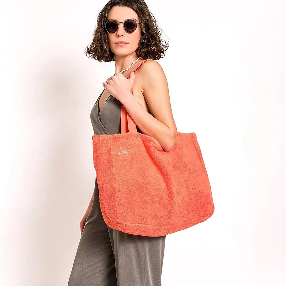 Women Large capacity 100% cotton terry cloth toweling tote bag towel beach bag
