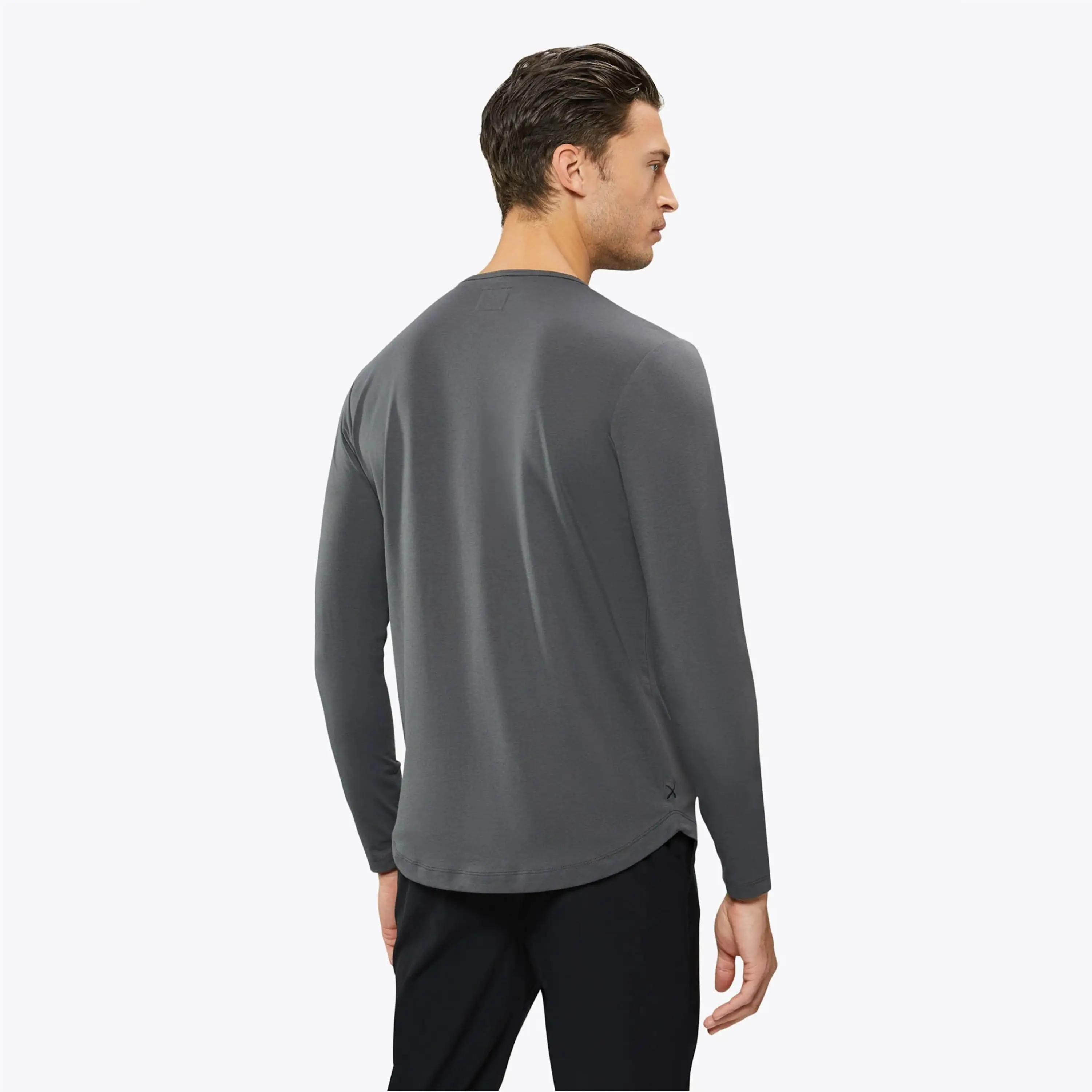 Custom Logo Buttery Soft 62% Polyester 33% Cotton 5% Spandex Signature Fit Long Sleeves Henley Curve Hem Graphite Shirt