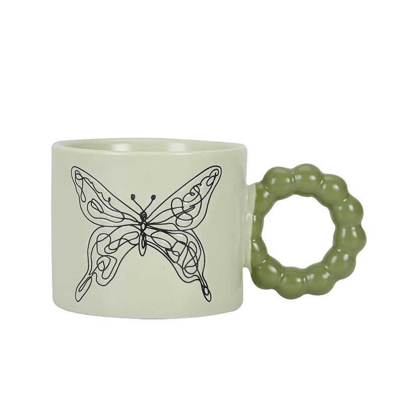 300ml Creative Nordic Ceramic Butterfly Pattern Mug Coffee Milk Cup for Girls Couples Pearl Ball Handle Gift Packaging Box