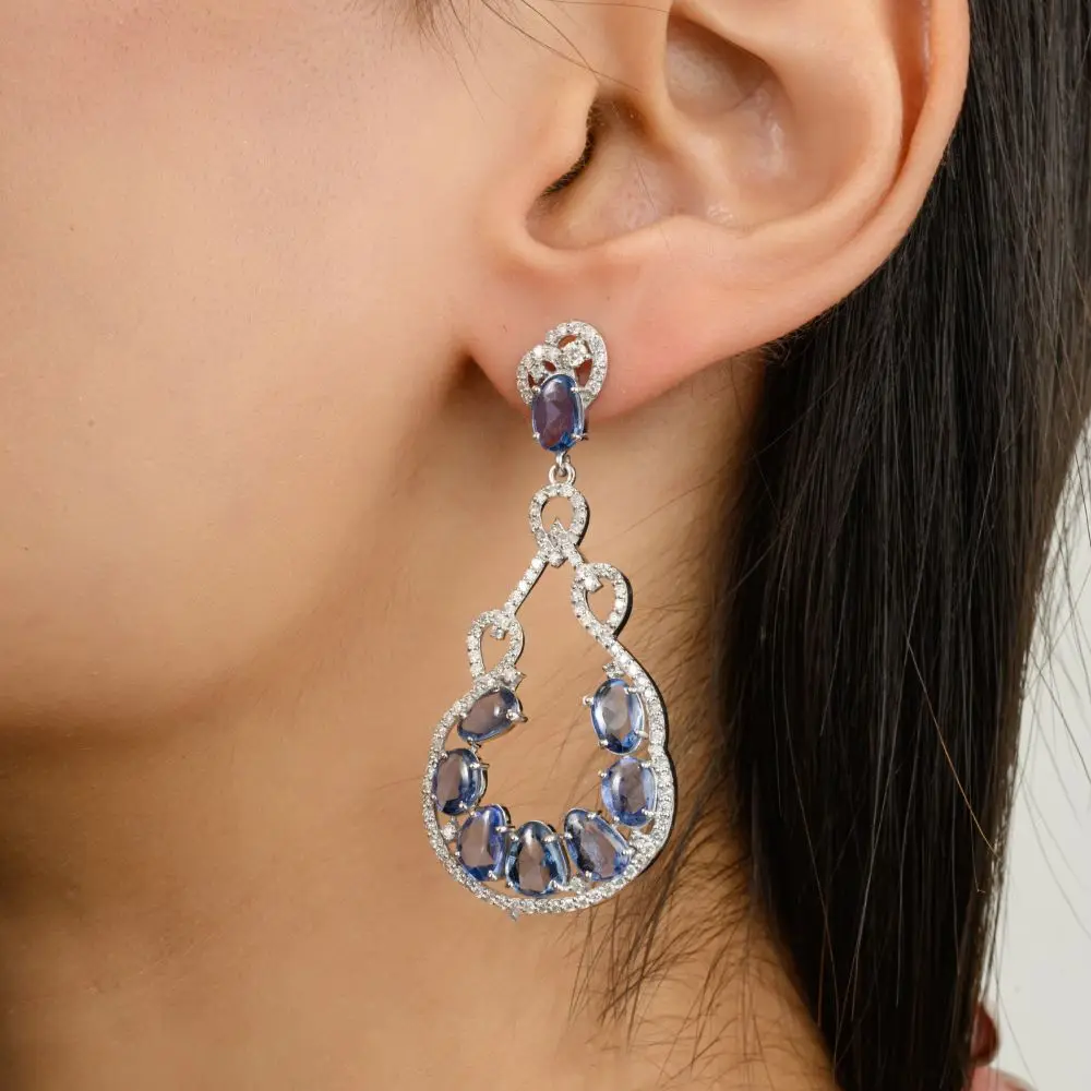 New Trendy Handmade Fine Jewelry Natural Blue Sapphire and Diamond Chandelier Earrings in 18k Solid White Gold Fine Jewelry