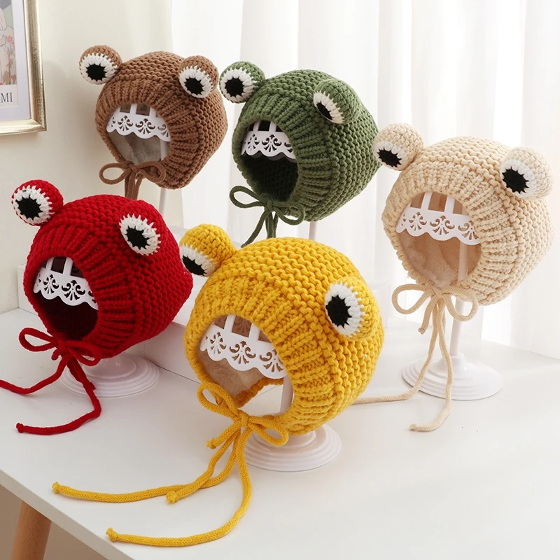 Korean Style Baby Toddler Crochet Frog Hat Small Kids Keeping Warm Earflaps Beanies Cute Animal Knitted Winter Hat