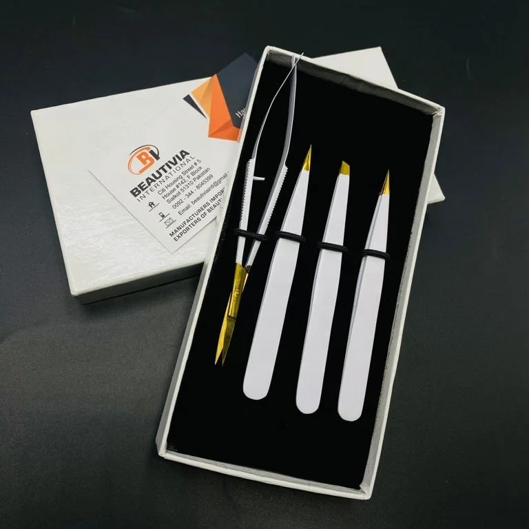 White Powder Coated Gold Tip Brow Tweezer Solid Slanted Stainless Steel Eyebrow Tweezers With Spring Scissor