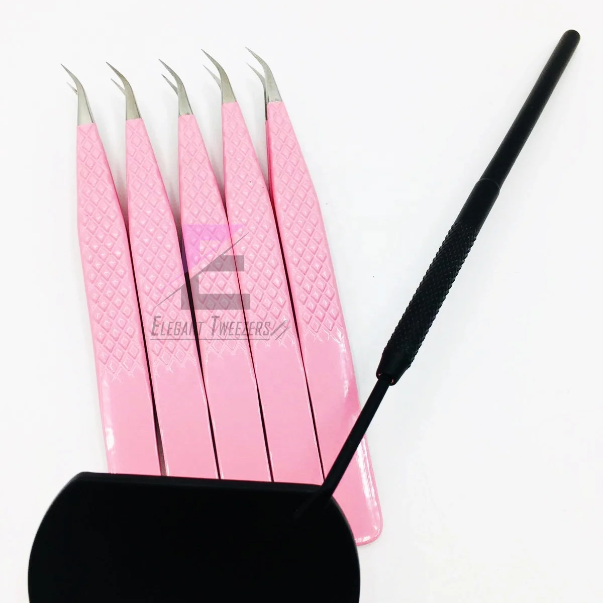 Pink Powder Coated With Sliver Tips Diamond Grip Eyelash Extension Tweezers Stainless Steel Custom Brand Name False Eyelashes